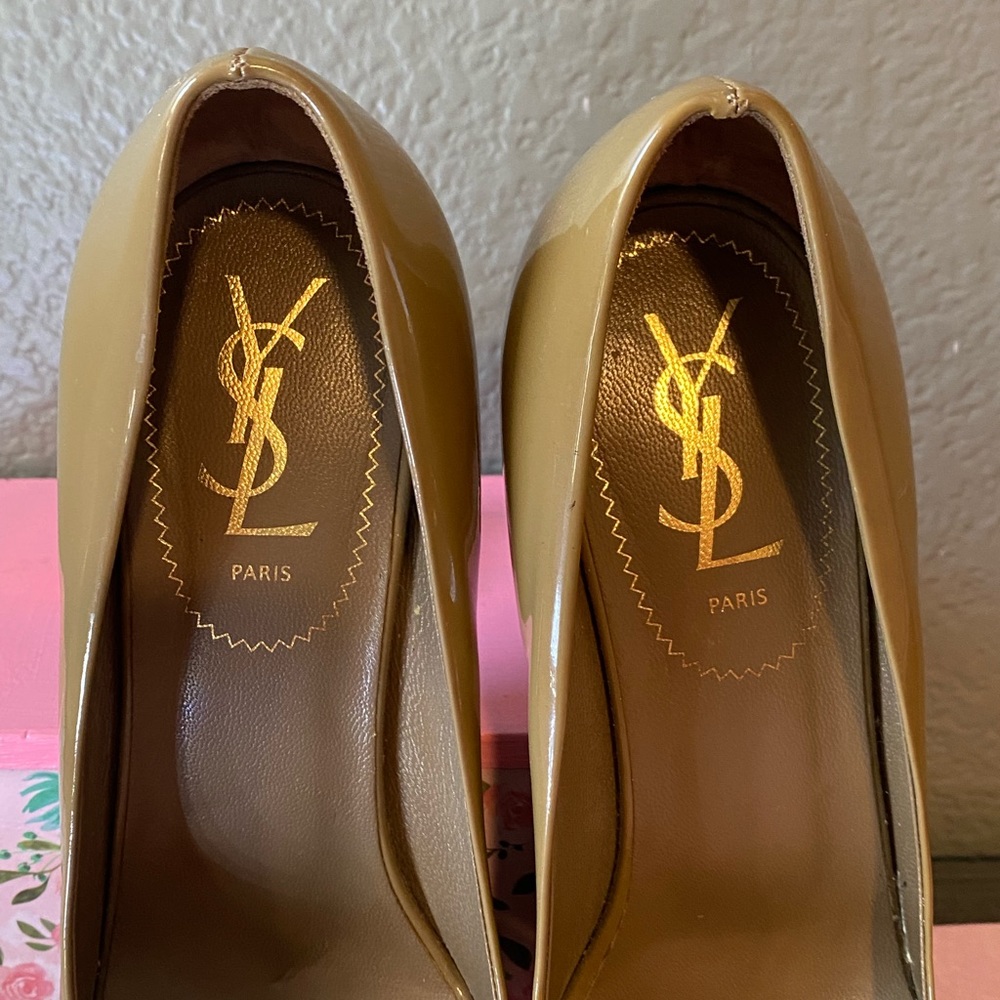 YSL Tan Platform Patent Leather Stiletto High Heels IT 38 8: US